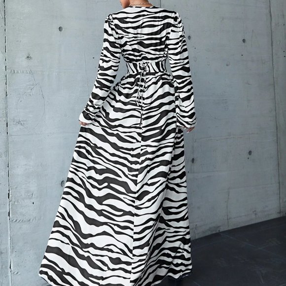 Black And White Preppy Womens Zebra Striped Lace Up Back Wrap Maxi Dress - Picture 2 of 5